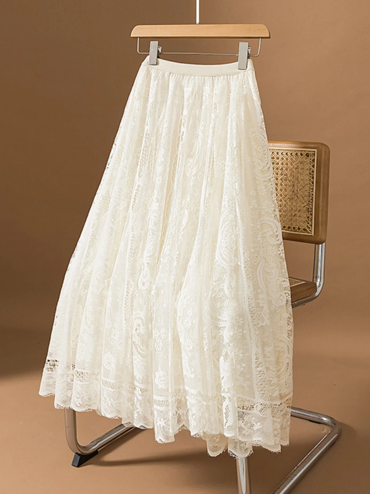 plus Size Autumn New Fashion Pure Color Lace Print Drapey Half Skirt Korean Style High Waist A-Line Midi Skirt for Women