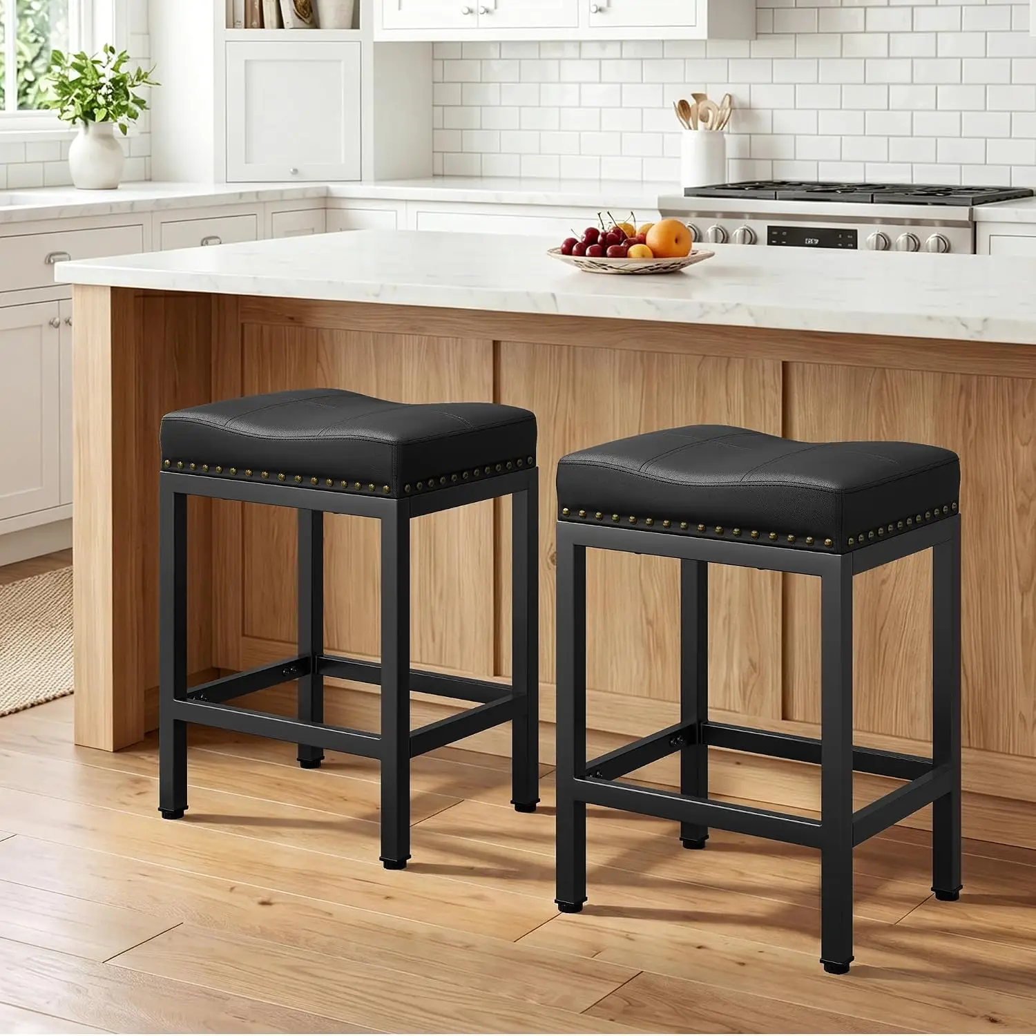 24 Inch Bar Stools Set of 2, Counter Height PU Leather Kitchen Chairs with Footrest & Metal Legs, Modern Backless Saddle Stools