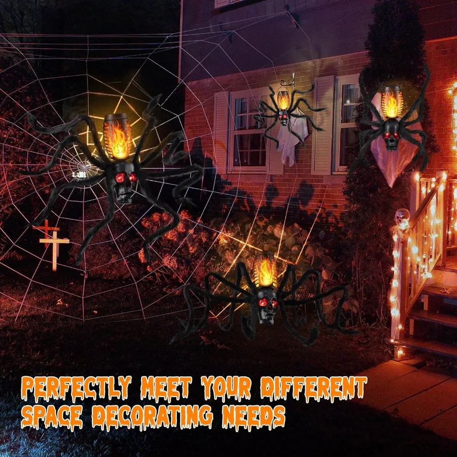 أضواء لهب جمجمة الهالوين تعمل بالطاقة الشمسية مع 8 مخالب عنكبوت للديكور الخارجي مثالية لحفلات الهالوين والحديقة Se