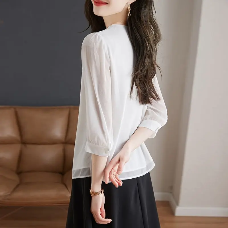 Casual White Pleated Blouse Women Classic Transparent 3/4 Sleeve O-collar Temperament All-mathc Chiffon Pullover Shirt 2023