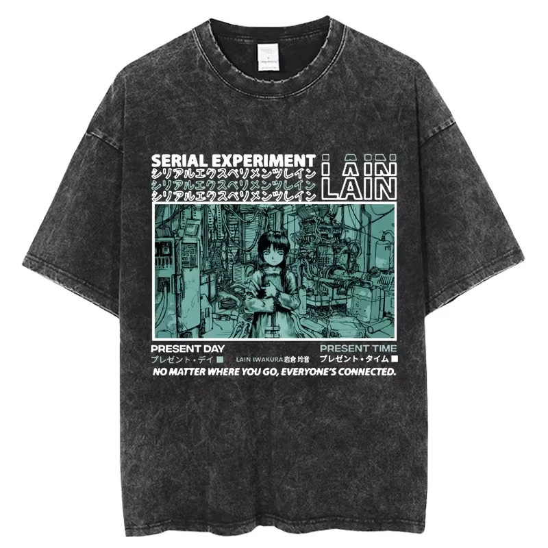 Camiseta lavada Vintage de Anime Serial Experiments Lain, camiseta de verano para hombres y mujeres, camisetas de manga corta de gran tamaño Harajuku de algodón