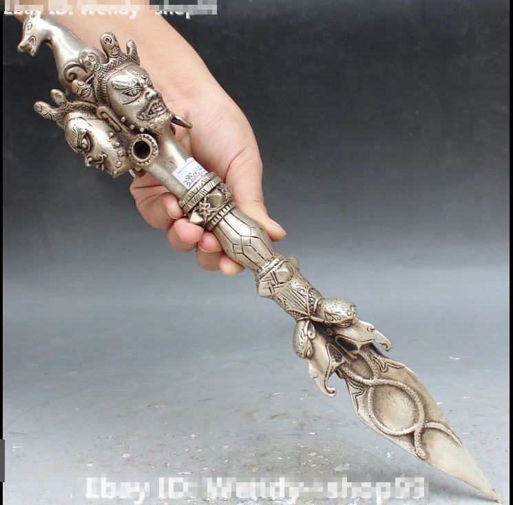 

decoration brass factory outlets Tibet Silver 15''Tibet Buddhism Silver Mahakala Buddha 3 Head Horse Dagger Holder Statue