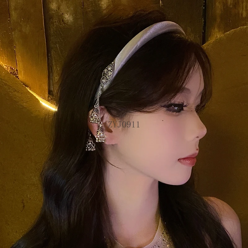 Tutup kepala ikat kepala berpohon lonceng tetesan air beludru hijau retro Tiongkok baru tutup kepala atas kranial tinggi tepi tipis