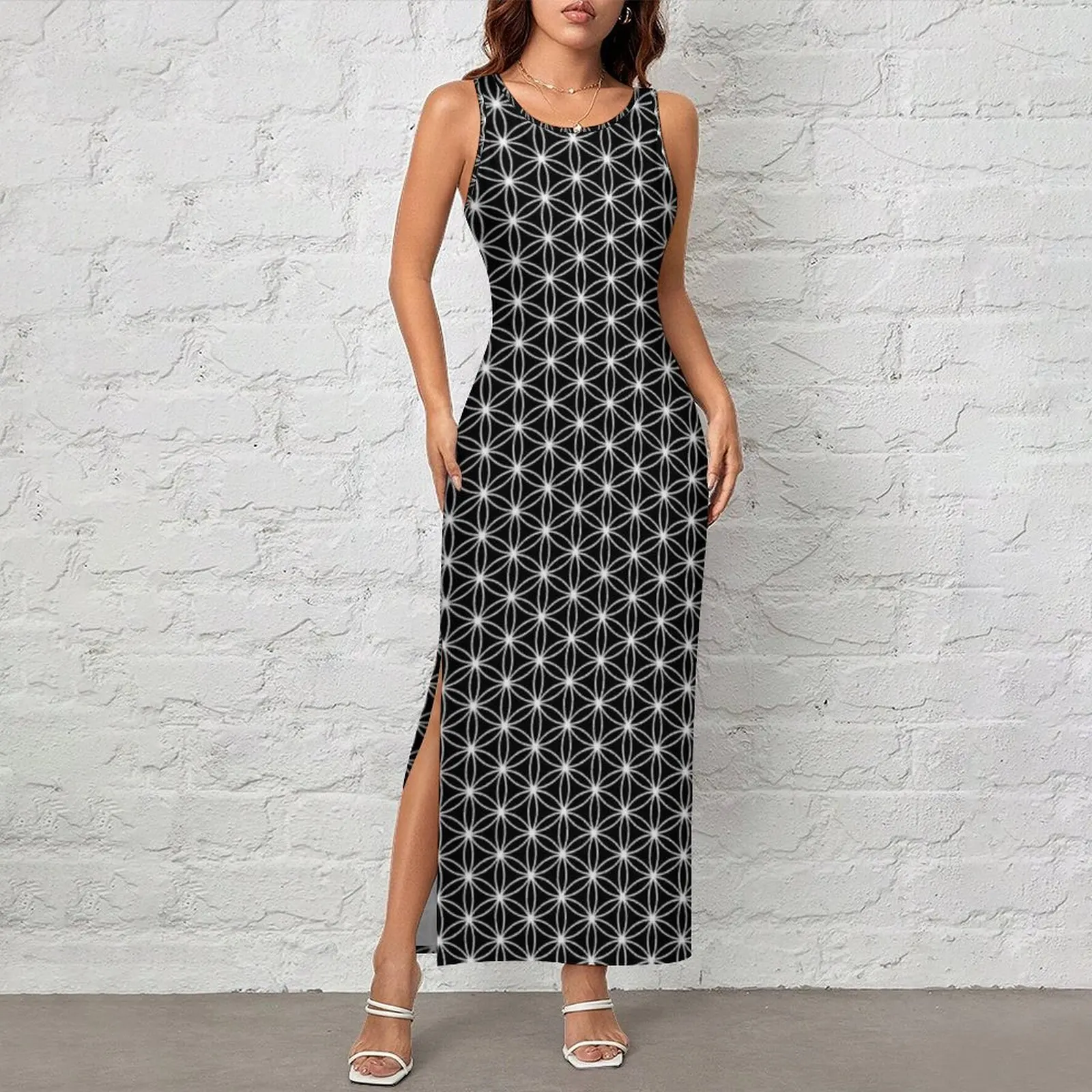 Sacred Geometry Dress Sleeveless Flower Of Life Vintage Maxi Dresses Summer Streetwear Custom Bodycon Dress Big Size 3XL 4XL