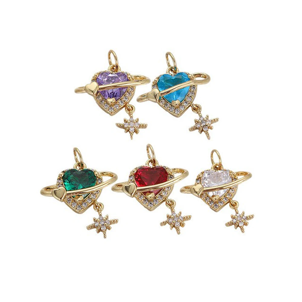

2 Pcs Inlay Large Zircon Heart Planet Pendant for Diy Jewelry Accessories Earrings Necklace Making Copper Plated Part Wholesale