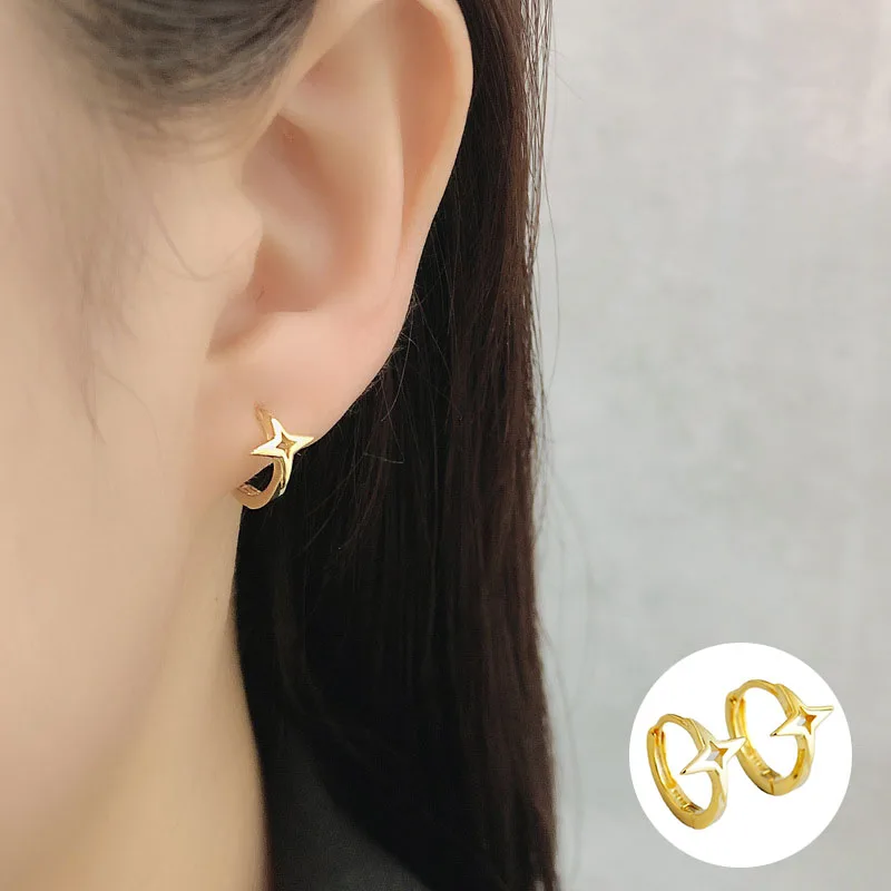 

100% 925 Sterling Silver Gold Star Earrings for Women Girl Fashion Hollow Out Smooth Jewelry Birthday Gift Dropshipping