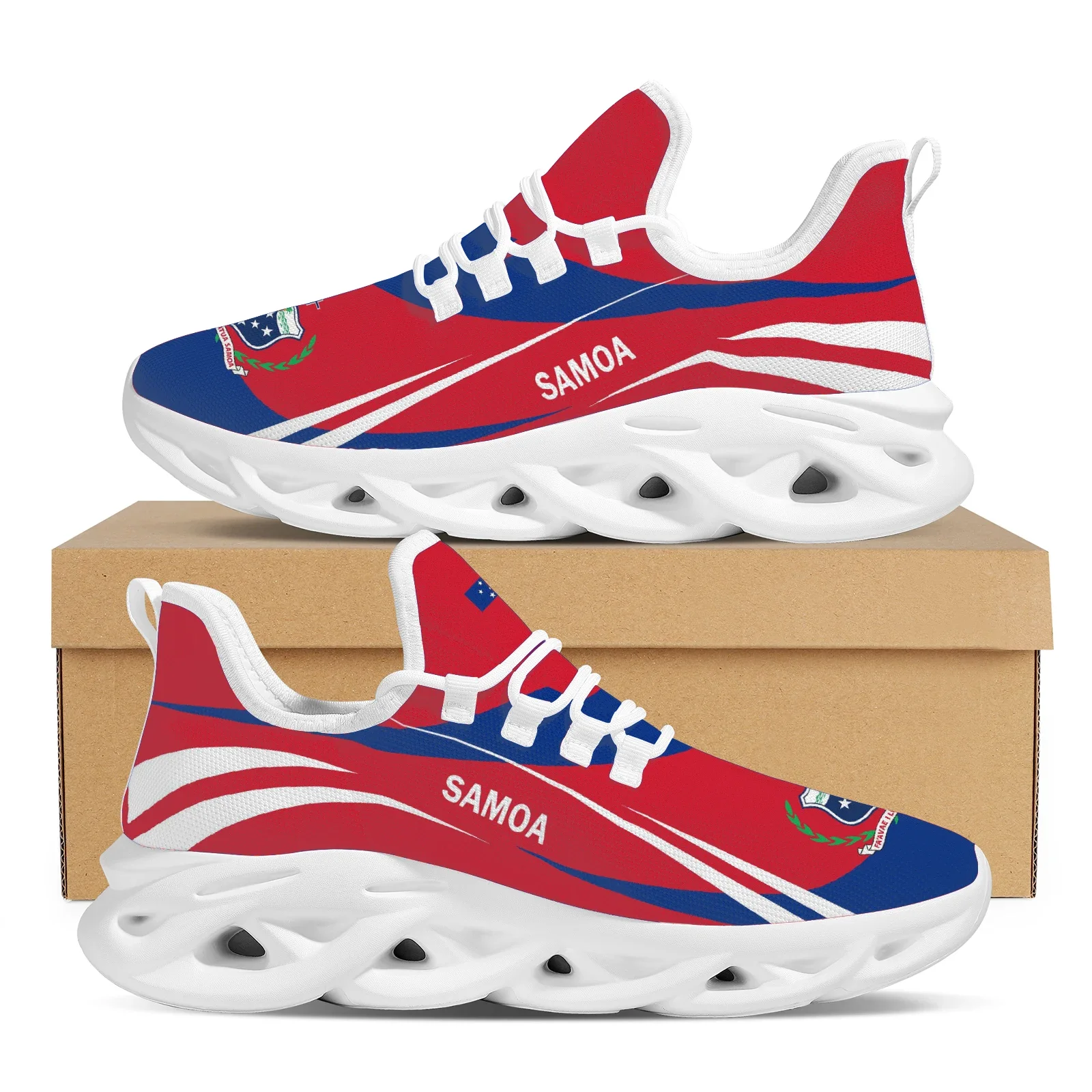 Red Blue Samoa Country Flag Design Lightweight Outdoor Shockproof Sports Shoes Knitted Breathable Shoes Casual Shoes