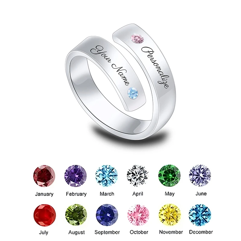 

Customized Name Rings with Birthstone Spiral Wrap Ring Adjustable Open Spiral Wrap Twisted Rings Jewelry for Mom Wife Girlfriend