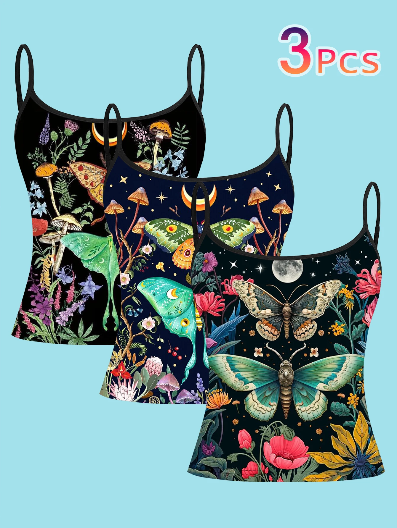 3-Piece Set of Fantasy Forest Mushroom, Moth, Wildflower, and Moon Print Spaghetti Strap Camisole for Women, Mysterious Retro Style Slim-Fit Base Layer Top