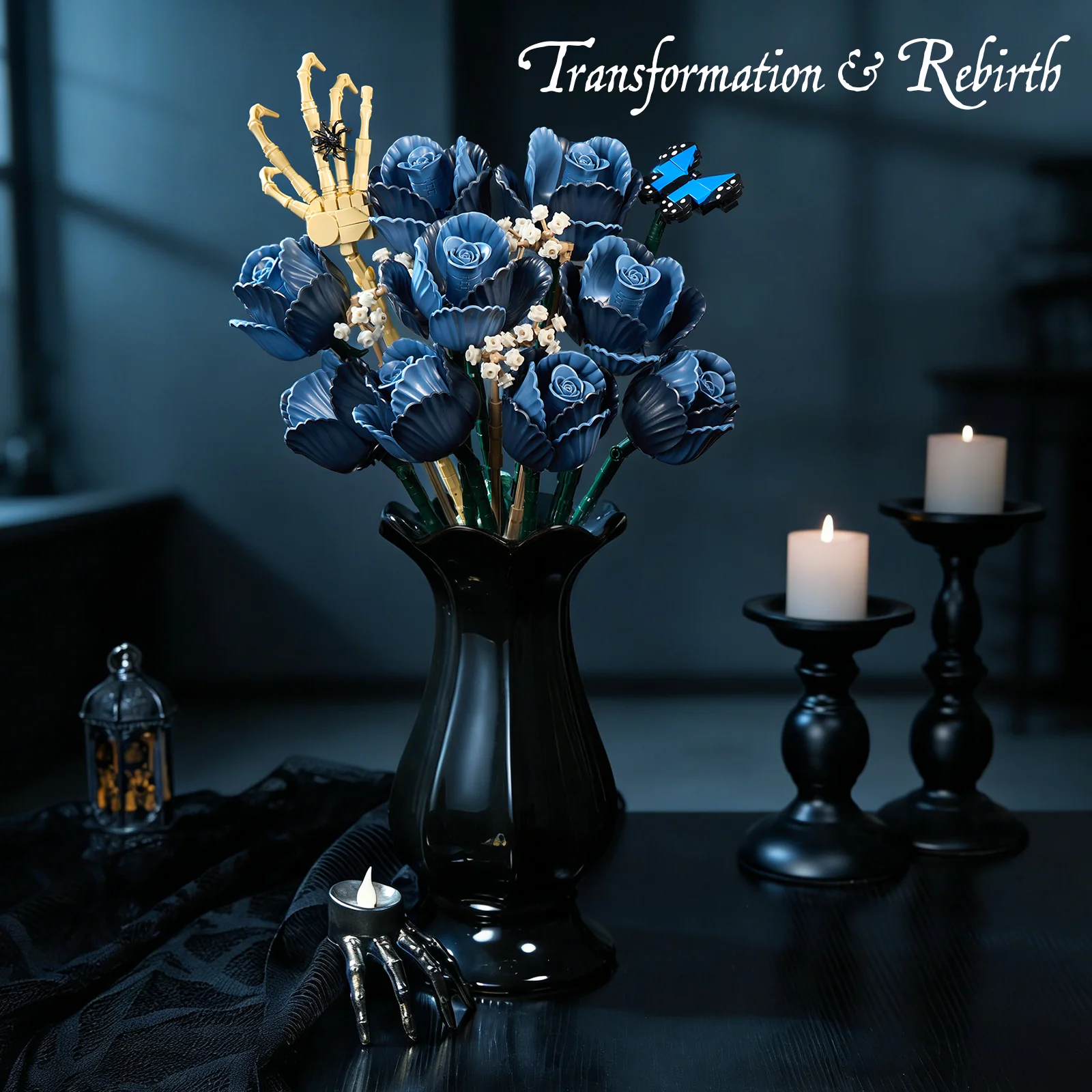 Corpse Bride Bouquet Building Blocks Set Blue Rose Flower Model Room Decoration Home Office Decor Gifts for Mother Day Valentine