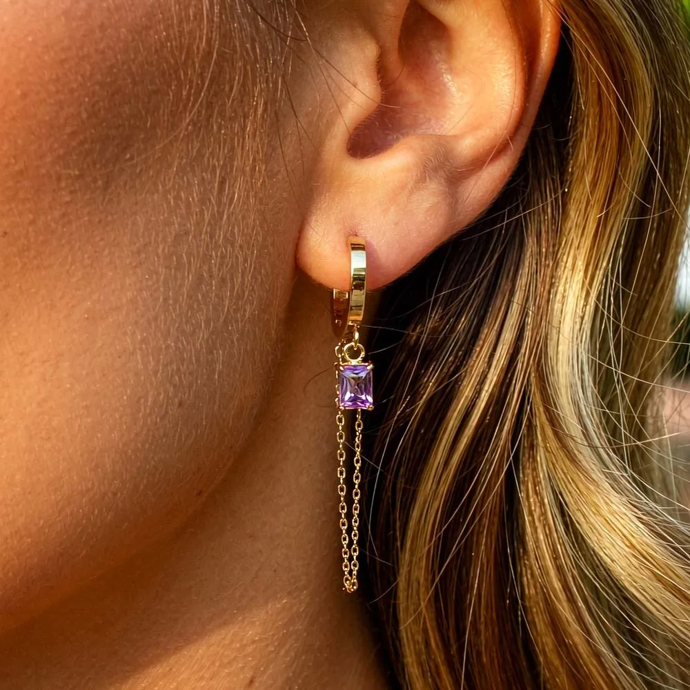 Gold Huggie Hoop Tassel Earrings Rectangle Colorful CZ Crystal Drop Earrings Stainless Steel Hypoallergenic Women Party Fashion