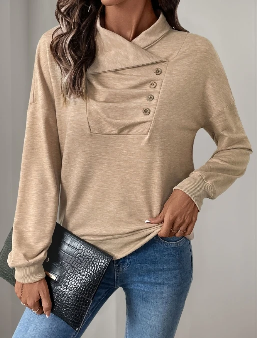 Sweatshirt with pleated buttons, solid color stand up collar sweatshirt