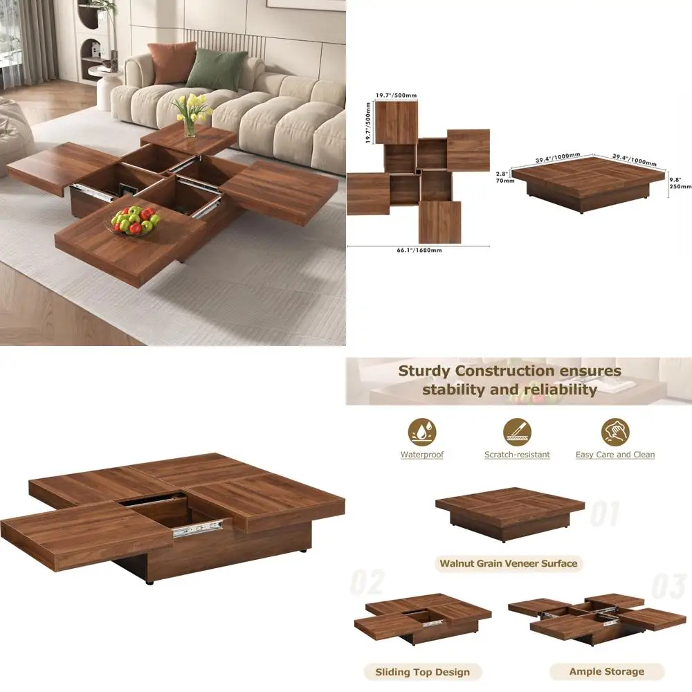 

Современный квадратный журнальный столик мраморного цвета 39,4 с выдвижной столешницей и местом для хранения, отделка из орехового дерева, прочный дизайн из МДФ