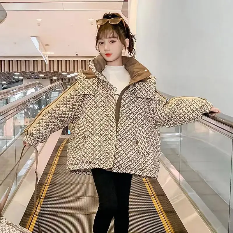 123  Winter New Teen Girls Jacket Grid Print Thick Warm Hooded Zipper Parker Coat For Girls Cotton Down Fashion Snowsuit 5-14 Y