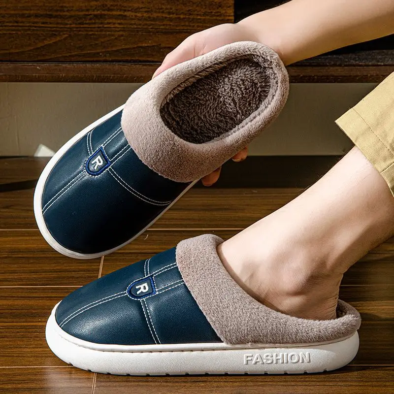 

Waterproof PU Leather Winter Slippers for Men Comfortable Plus Size Thermal Indoor Outdoor Anti Slip Thick Sole Cotton Shoes