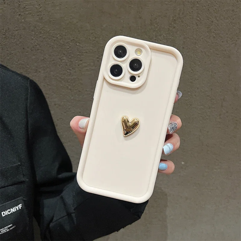 Luxury 3D Gold Heart Silicone Soft Phone Case For iPhone 16 E 15 14 13 12 11 Pro Max XS XR 7 8 Plus Shockproof Candy Matte Cover