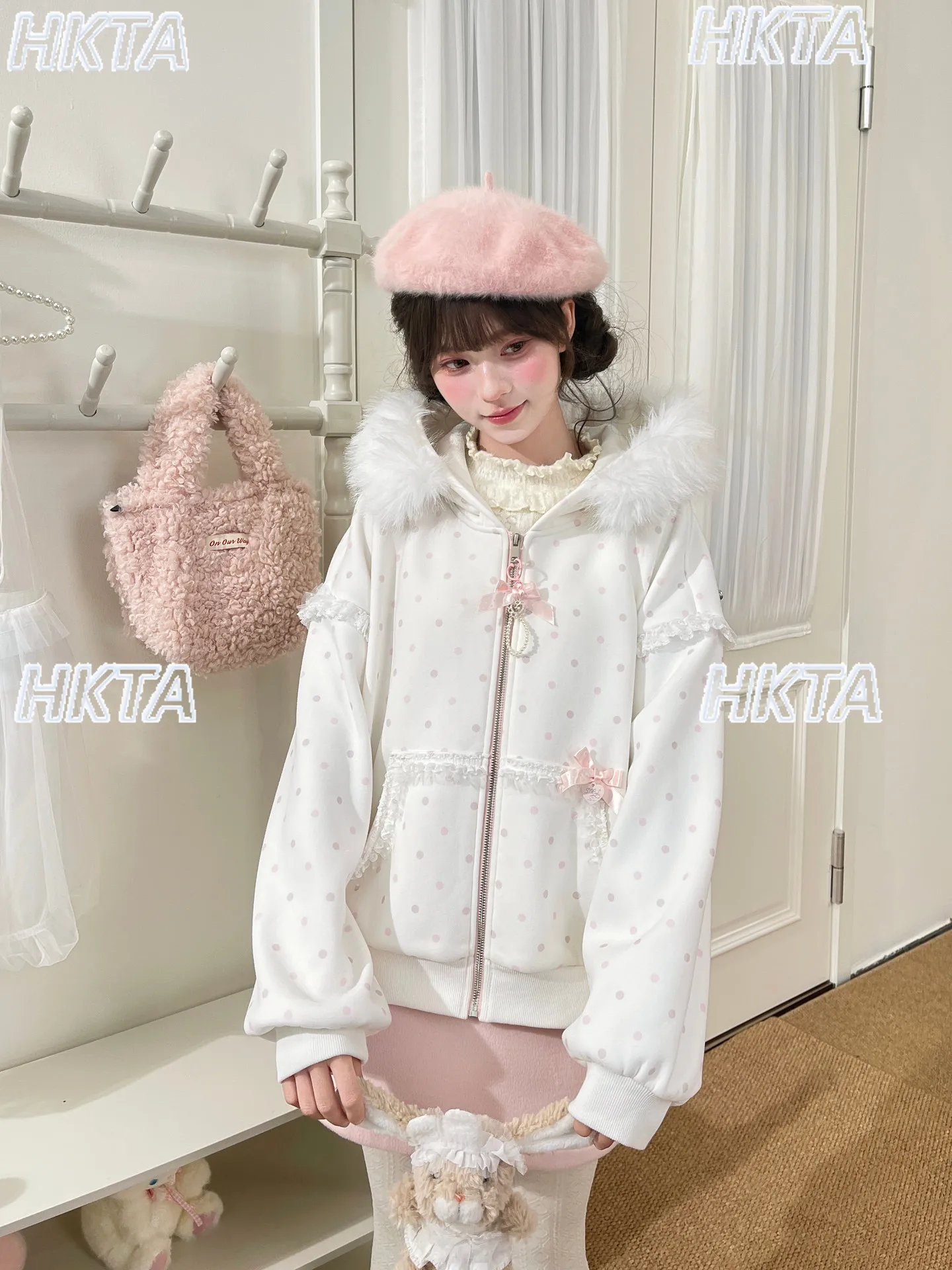 Japanese Sweet Polka Dot Print Hooded Jacket Cardigan 2026 Autumn Cute Kawaii Girl Loose Casual Lace Bow Plush Hoodie Coat Women