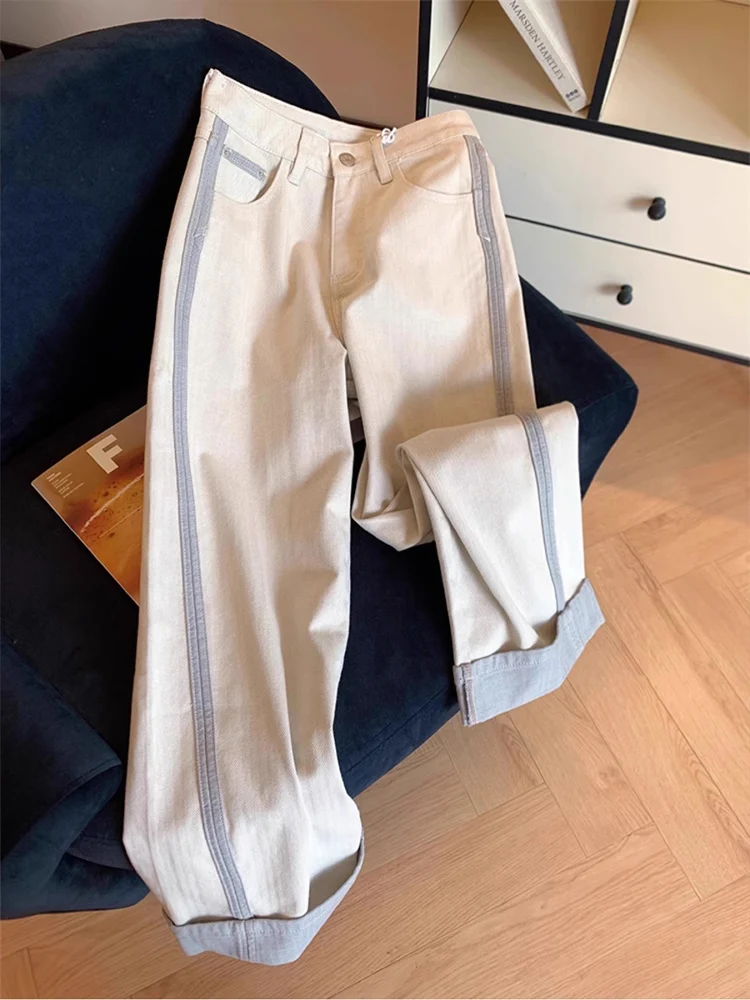 Modische Jeans mit weitem Bein für Damen, All-Match, hohe Taille, Hose mit geradem Bein, seitlich gestreiftes Design, lässige Denim-Hose