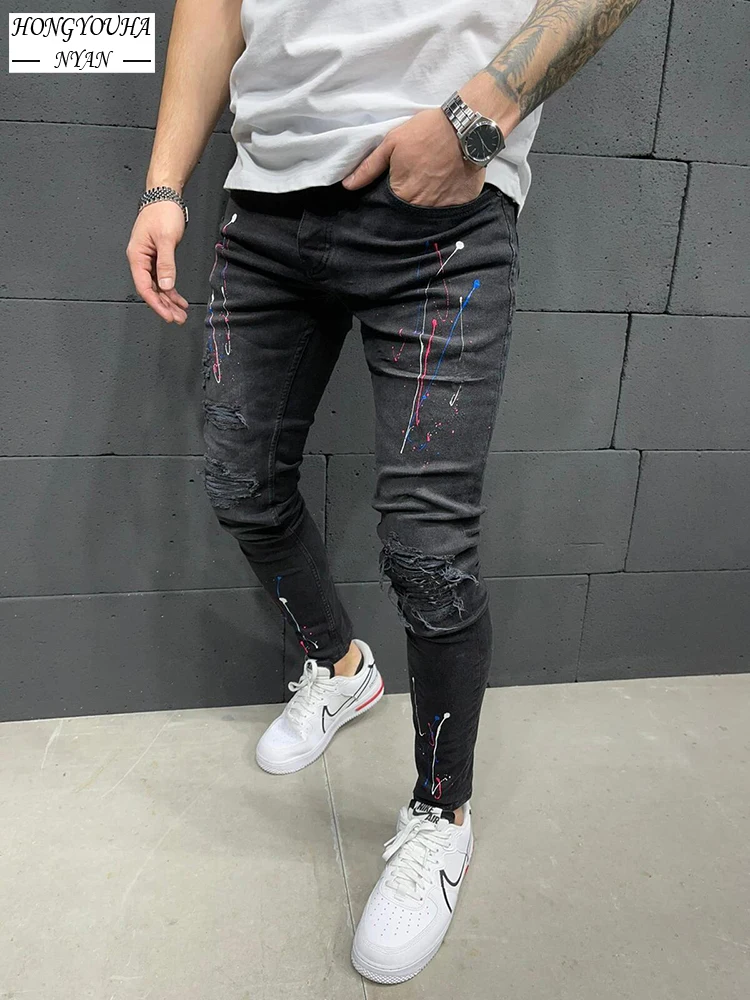 Moda masculina rasgado jeans streetwear magro calças de brim do vintage elástico buraco lápis denim fino alta qualidade hip hop jeans preto