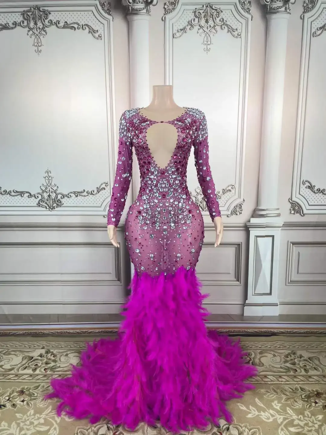

Long Sleeve Maxi Women Dress Floor Length Feather Birthday Wedding Drag Queen Outfit Prom Evening Dresses Stage Performance Wear