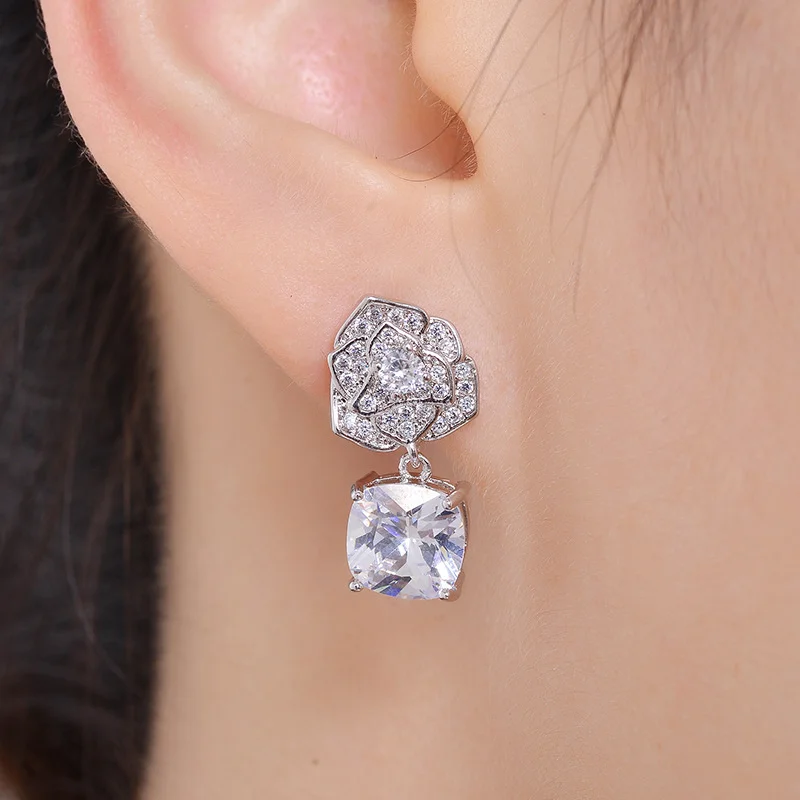 genuine Luxury brand real jewels Liangya Beauty Rose mountain Camellia micro set zircon ear clip Japanese and Korean fashion jew