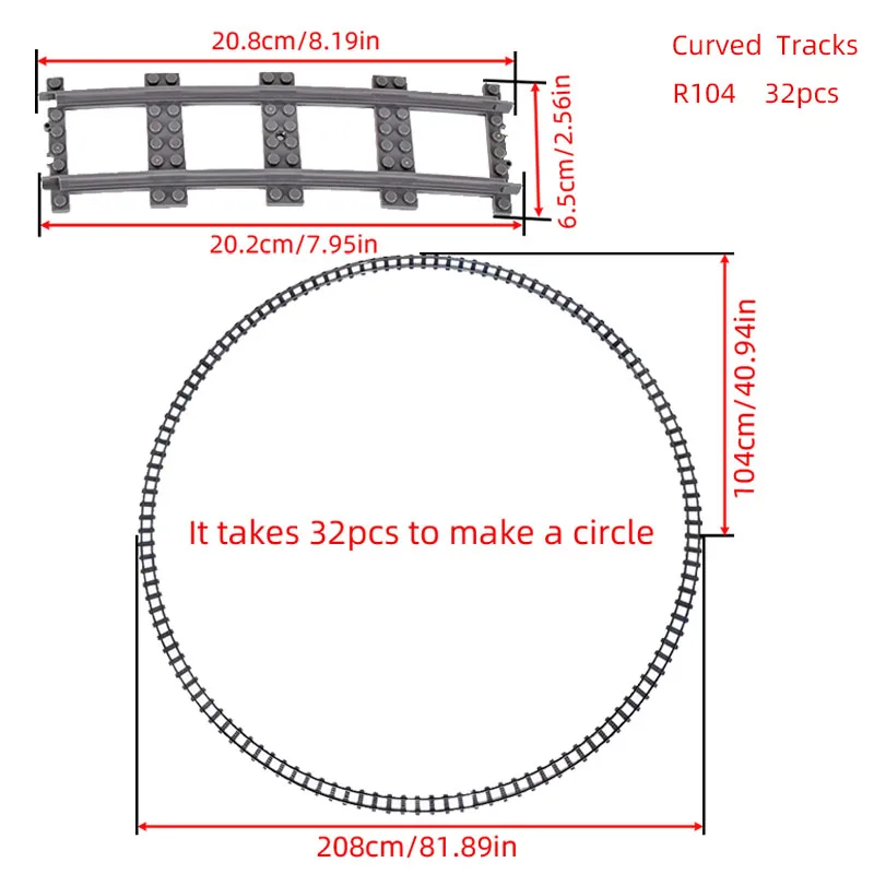 MOC Stadt Ziegel Schalter Kreuz Gabelte Gebogene Schienen Baustein Zug Schiene Kurve Gleise R56 R72 R88 R104 Kreative DIY Spielzeug – Detail 6