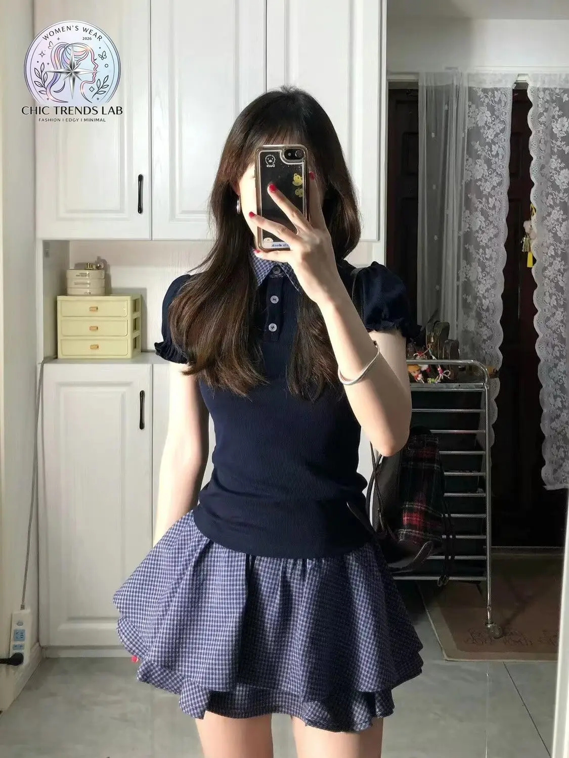 Y2K Plaid Collar Polo Shirt Women Navy Blue Puff Sleeve Ruffle Slim Fit Short Sleeve Tops Preppy Style Coquette Summer Tees