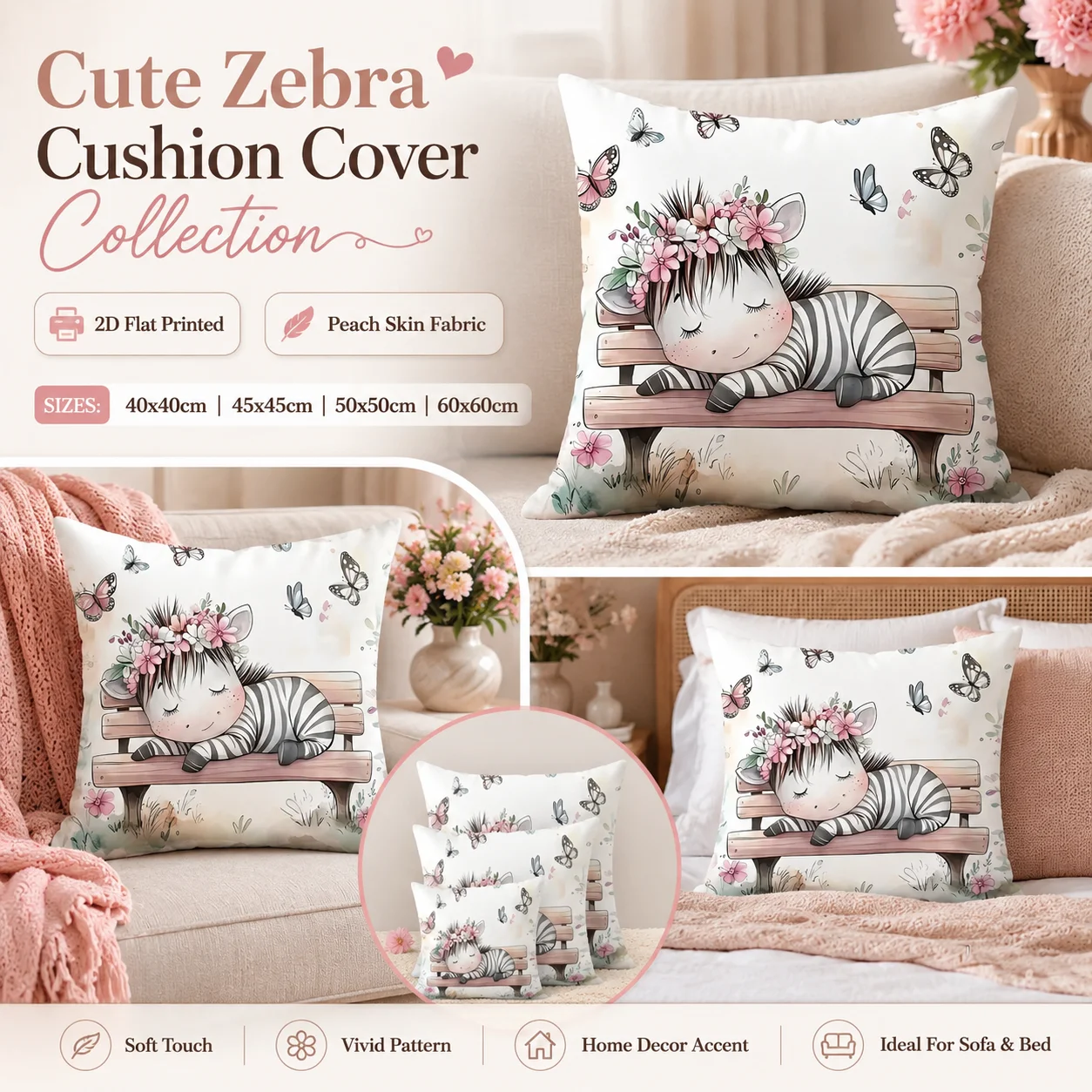 Cute Watercolor Zebra Pillowcase 2D Flat Printed Peach Skin Floral Animal Cushion Cover For Sofa Kids Room Spring Summer Decor