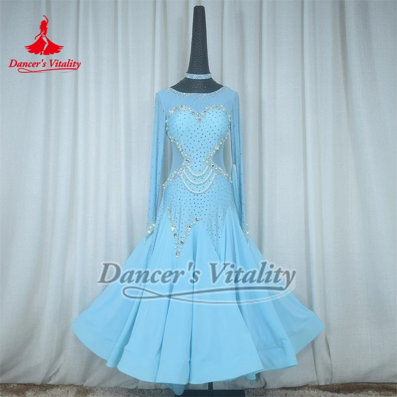 Adulto luz azul ab pedras pérola decoração mangas compridas dança de salão vestidos de competição profissional high-end personalizar
