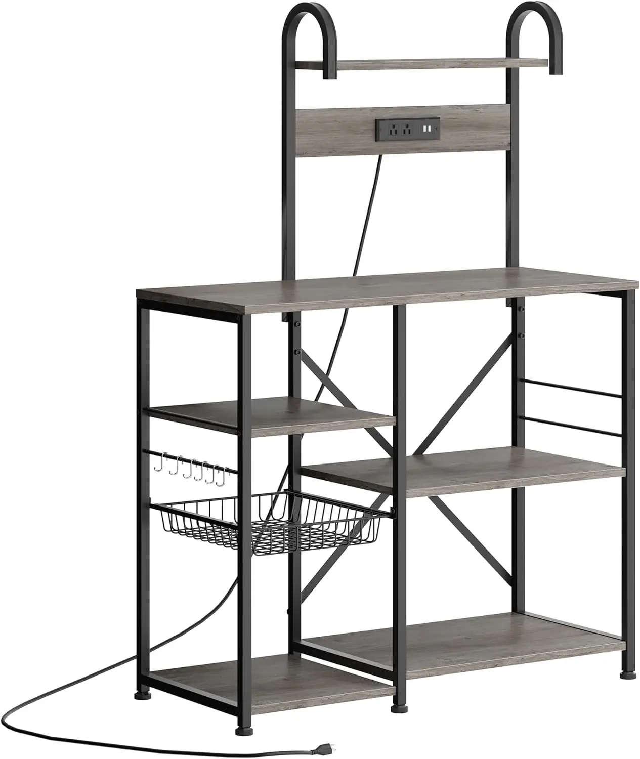 

Bakers Rack with Power Outlet, Microwave Stand, Kitchen with 6 Hooks, Coffee Station with Wire Basket, 6 Tier Kitchen Rack R