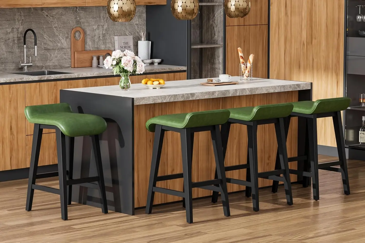 

26.2" Solid Wood Bar Stools Set of 4, Counter Height Bar Stools with Wide PU Leather Upholstered Seat, Barstools Set for Kitc