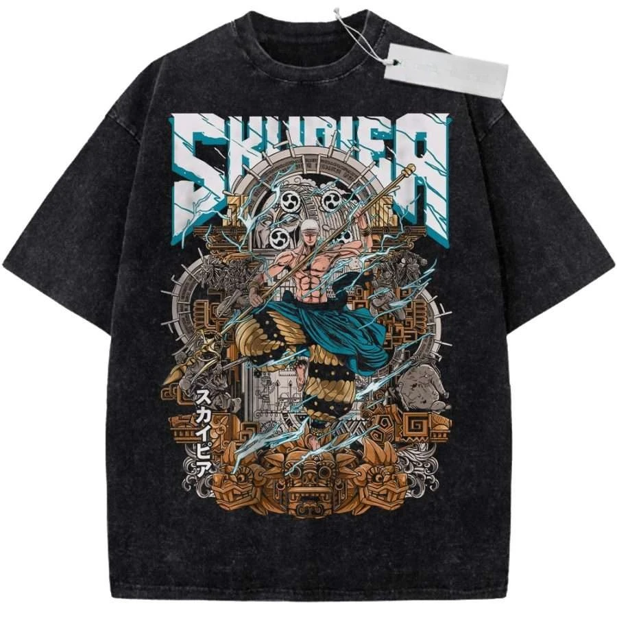 

Unisex Black Washed Vintage T - Shirt One Piece Enel Thunder God Skypiea High - Quality Fabric for Fitness Casual Shopping