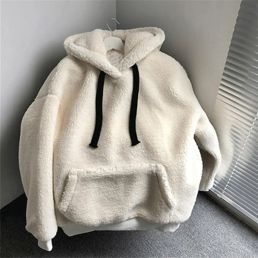 Women Winter Hoodie Solid Color Hooded Long Sleeves Drawstring Patch Pocket Keep Warm Plush Pullover Casual Autumn Hoodie