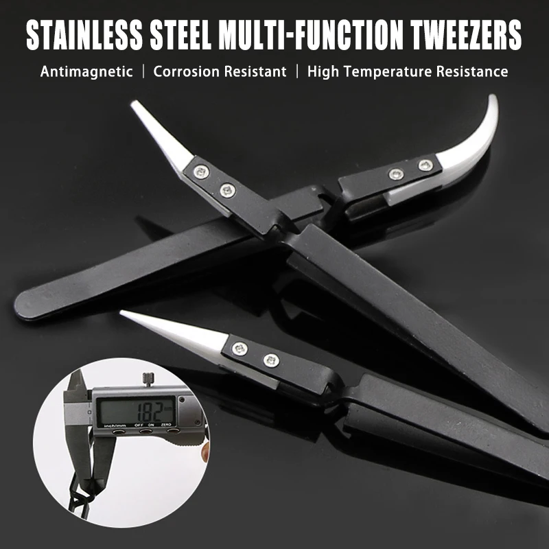 1pcs Reverse Tweezers Precision Pointed Curved Tips Ceramic Tweezer Non-Conductive Heat Resistant Anti-Magnetic Soldering Tools