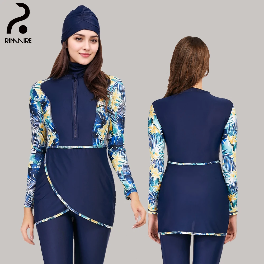 

Navy Blue Muslim Hats Burkini Sets Fashion Print Islamic Long Sleeve Ladies Swimwear with Hat Suits Soft Burkini Femmes RIMAIRE