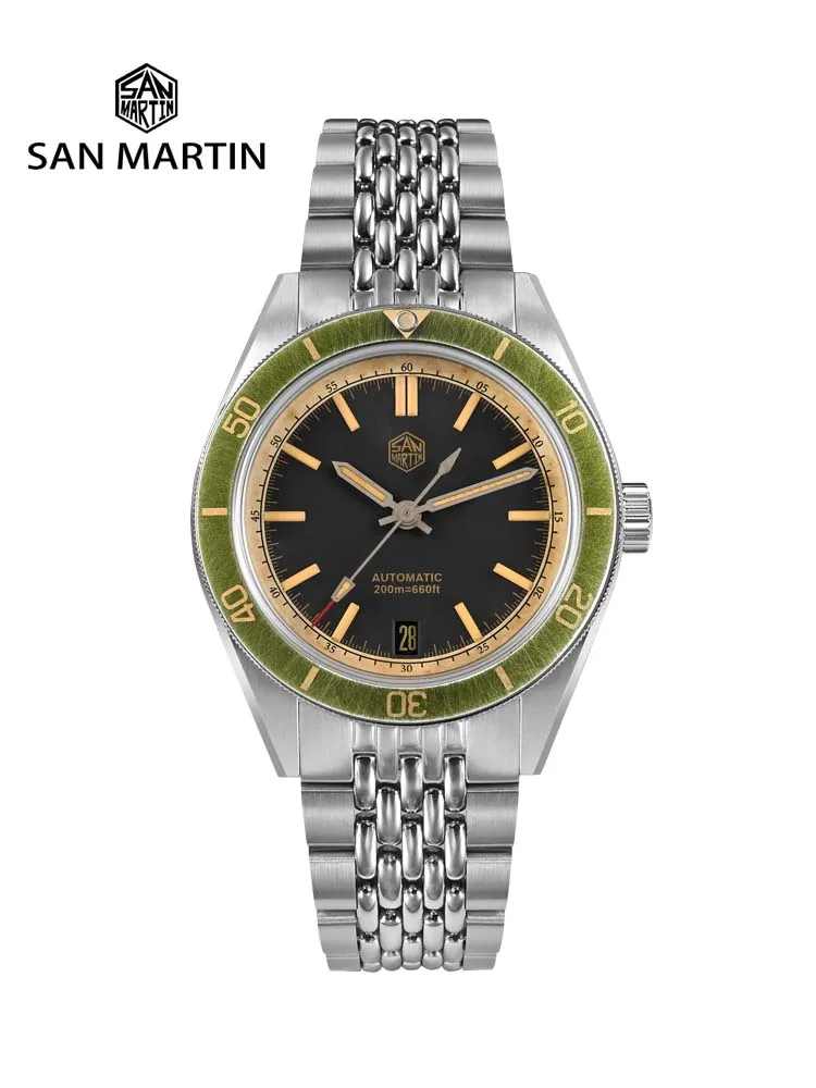 

San Martin 39.5mm Men Dive Watch Vintage Distressed Effect NH35 Automatic Mechanical Watch Waterproof 200m C3 Lume SN0116 Reloj