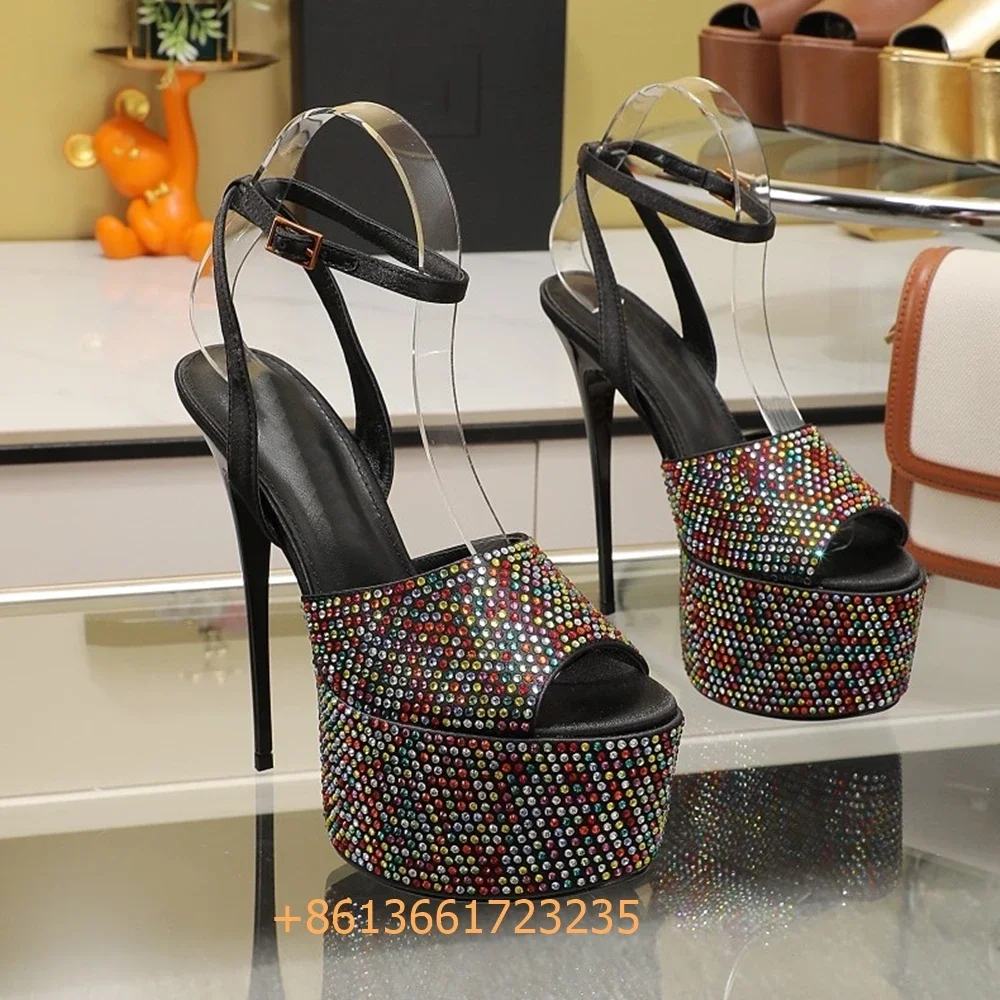 

Rhinestone Color Diamond Bling Bling Women Sandals Peep Toe Platform Thin High Heels Ankle Strap Slingback 15.5Cm Newest Sandals