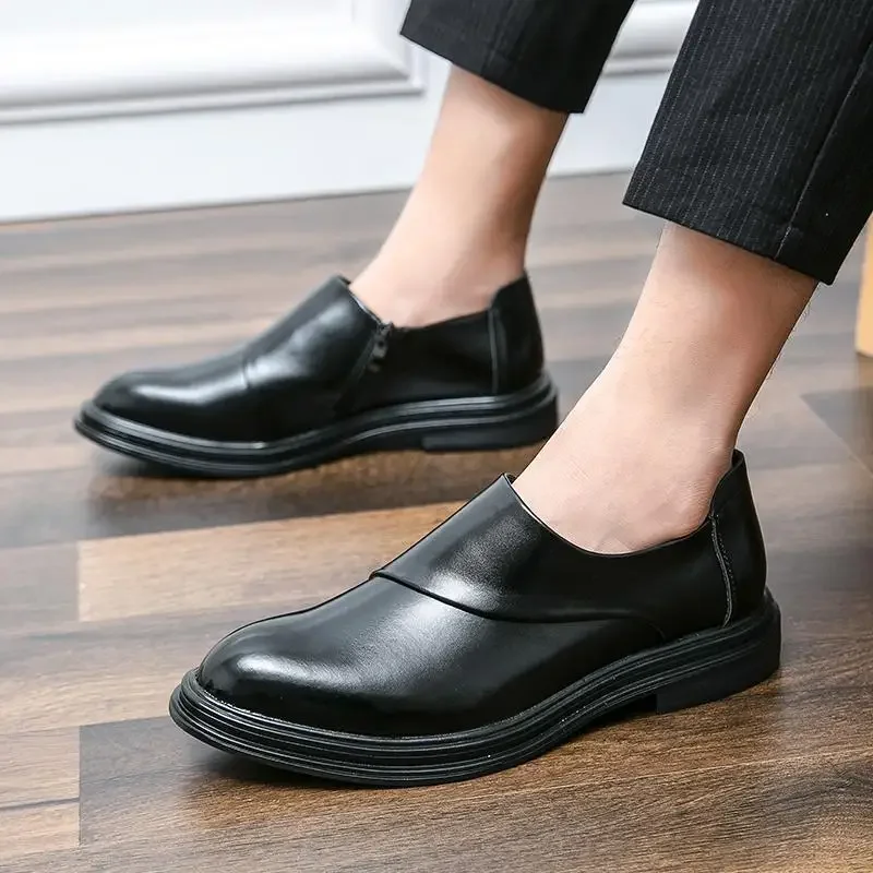 Party Boys Leather Shoes Men's Korean-Style Retro British Casual Retro Classic Office Shoes Height Increasing Leisure Black