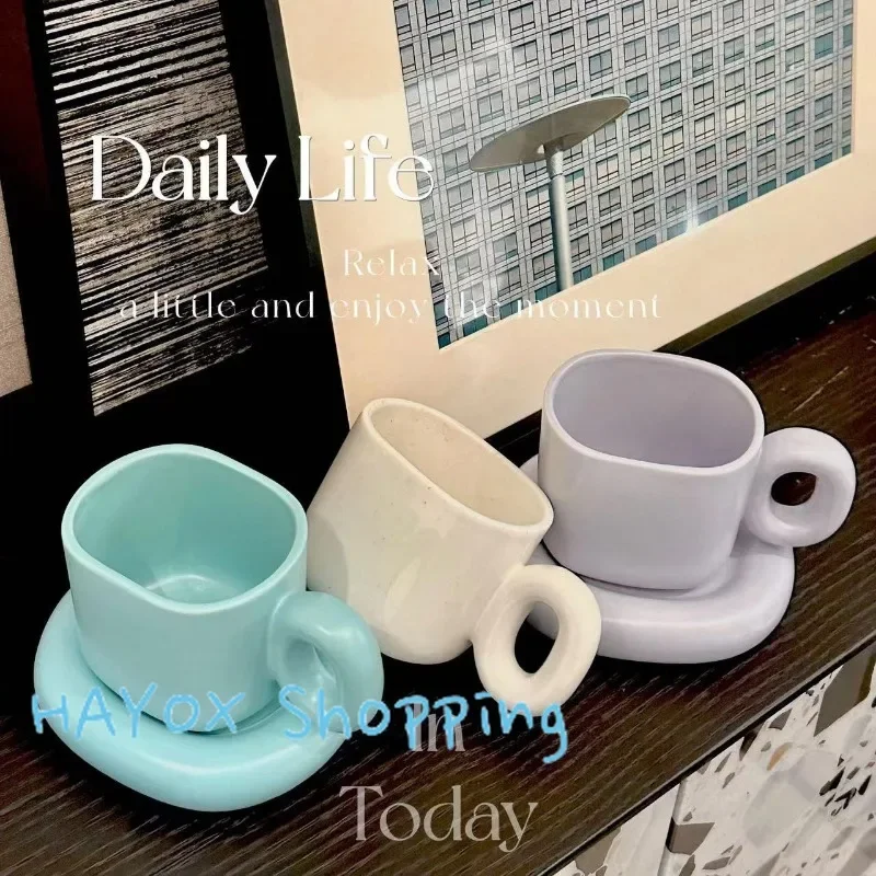 Creative Solid Color Ceramic Coffee Cup Thick Saucer Afternoon Tea Dessert Tea Cup Breakfast Bread Milk Mug Couple Gift Mug Home view 5