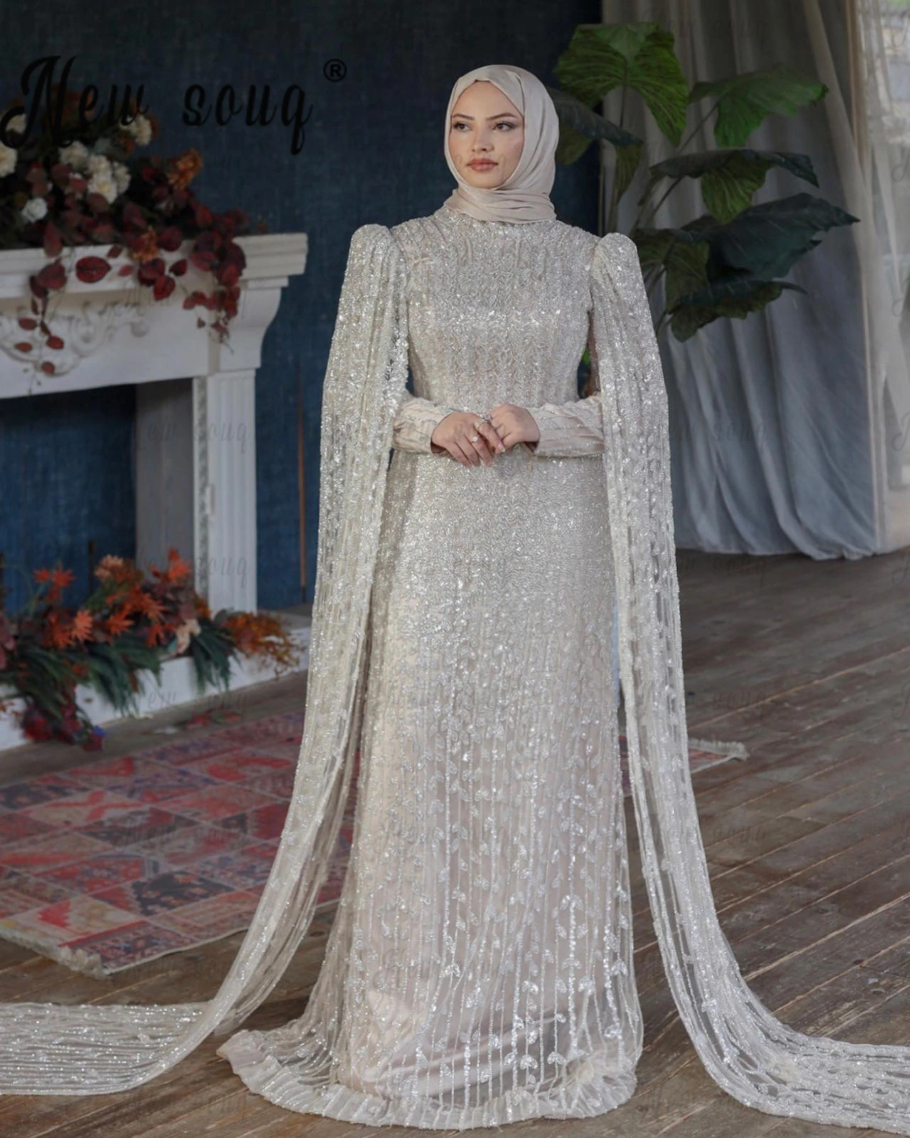 Muslim Heavy Crystals Evening Dress Long Cape Sleeve A Line Wedding Guest Gowns For Women Dubai Vestido De Festa De Casamento