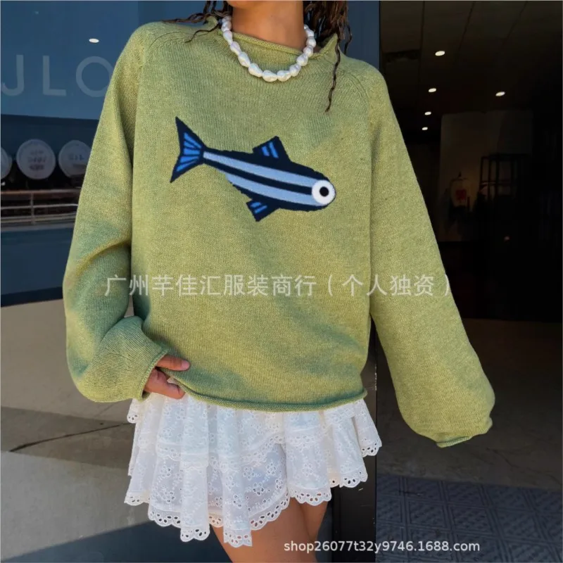 

Vintage Ribbed O-Neck Sweater Women Y2K Aesthetic Fish Jacquard Long Sleeve Loose Fit Retro Knitwear Pullover Top Fall Winter