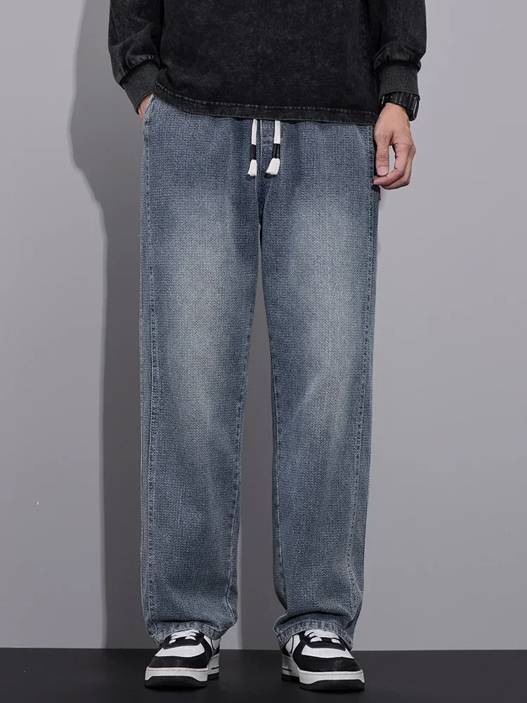 봄 헐렁한 넓은 다리 청바지 남성 탄성 허리 질감 패브릭 조깅 바지 패션 한국어 streetwear 캐주얼 루즈 한 바지