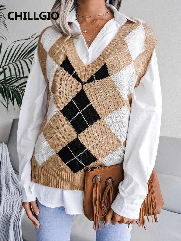 CHILLGIO Women Plaid Knitted Vest Autumn Fashion Casual Warm V Neck Knit Pullovers New Winter Spring Sleeveless Knitting Sweater