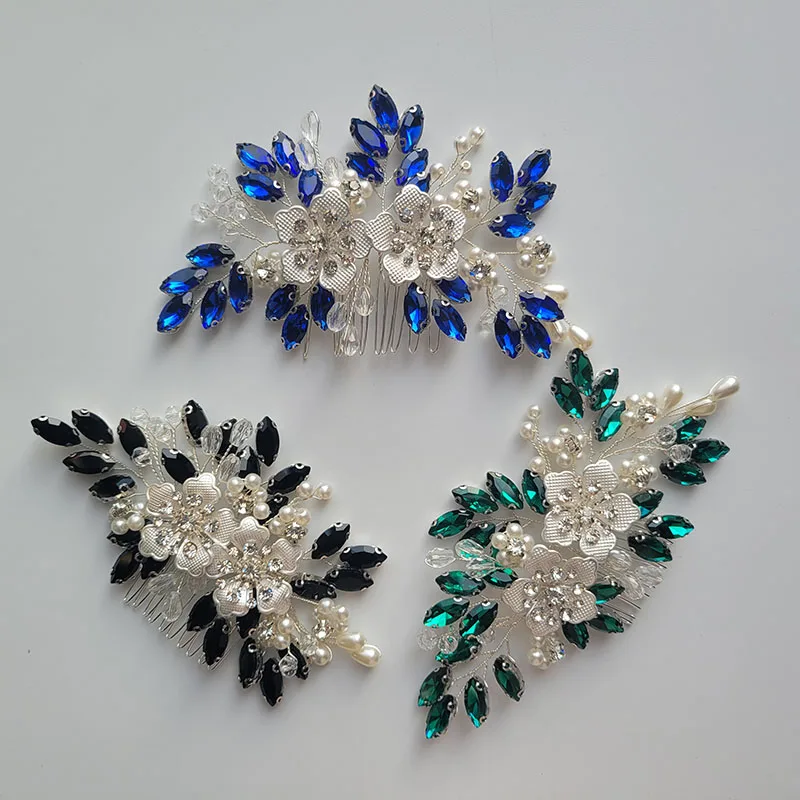 

SLBRIDAL Handmade Colorful Rhinestones Crystal Pearls Bridal Hair Comb Wedding Headdress Hair Accessories Women Hair Jewelry