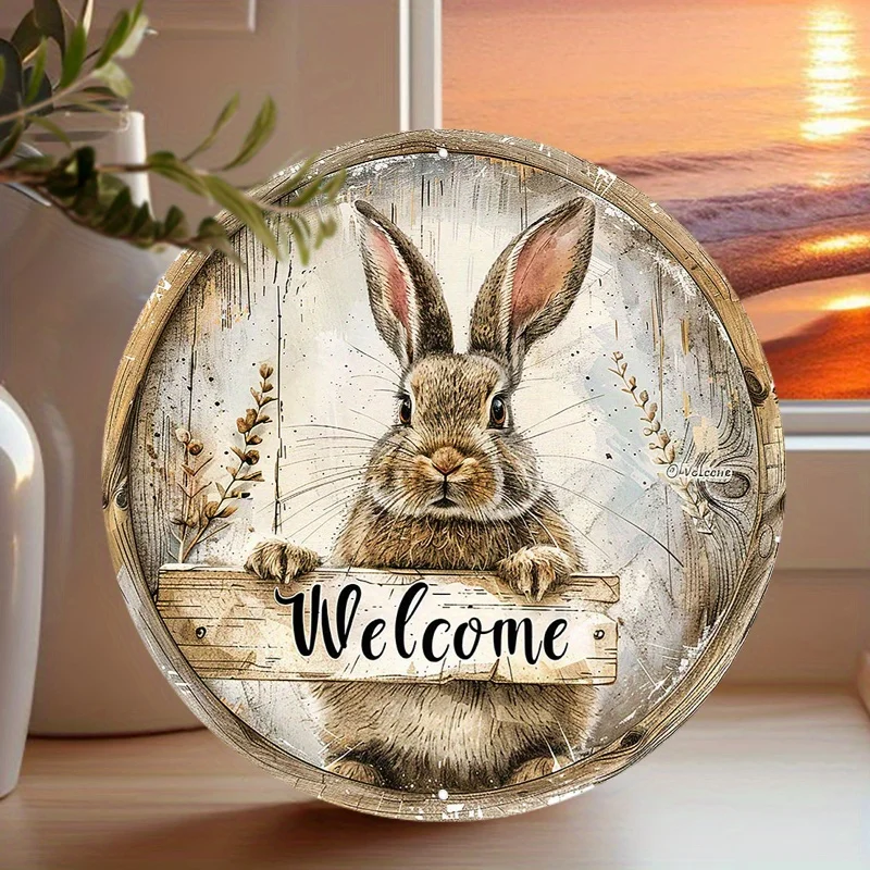 2D Vintage Metal Rabbit Welcome Sign Round Aluminum Wall Decor for Home Garden Cafe Farm Easter Ornament Hanging Door Plate Stor view 5