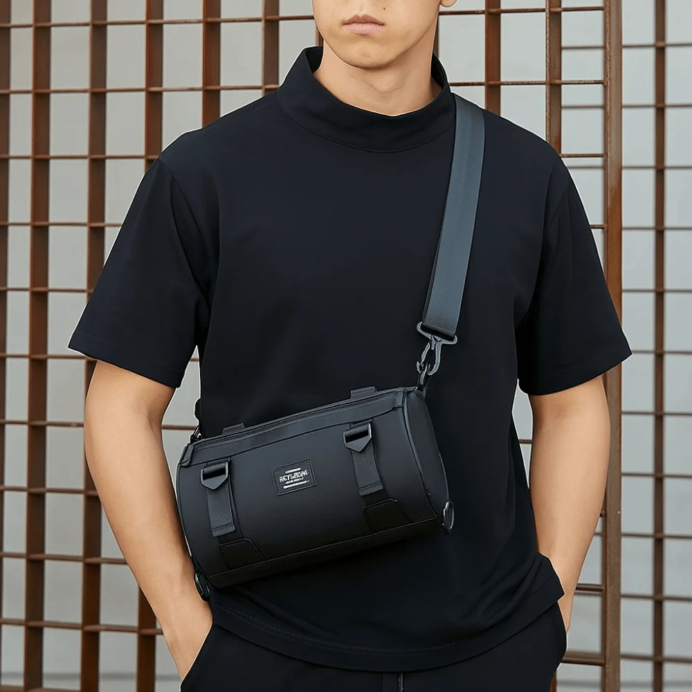 

Solid Color Men Cylindrical Bag Large Capacity Wide Strap Canvas Crossbody Bag Multifunctional Zipper Simple Shoulder Bag Work