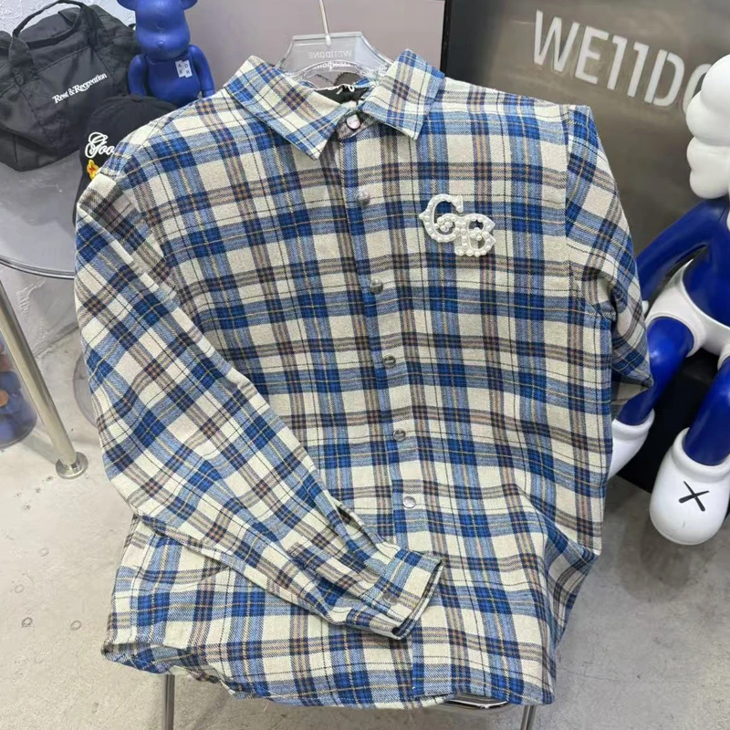 

Повседневная рубашка в нейтральном стиле Goodbrand, новинка 2025, рубашка в клетку с принтом, повседневные топы с жемчужным декором и логотипом для больших случаев