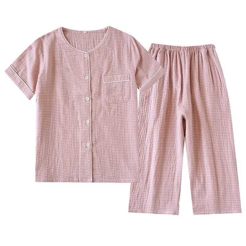 Mn-Ensemble pyjama d'été en coton teint en fil pour couple, haut à carreaux à manches courtes, pantalon longueur mollet, vêtements de nuit confortables