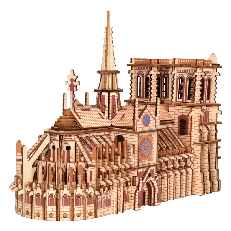 Notre dame catedral de madeira 3d quebra-cabeça construção casa navio avião carro modelo educacional crianças brinquedos para crianças jogos festa