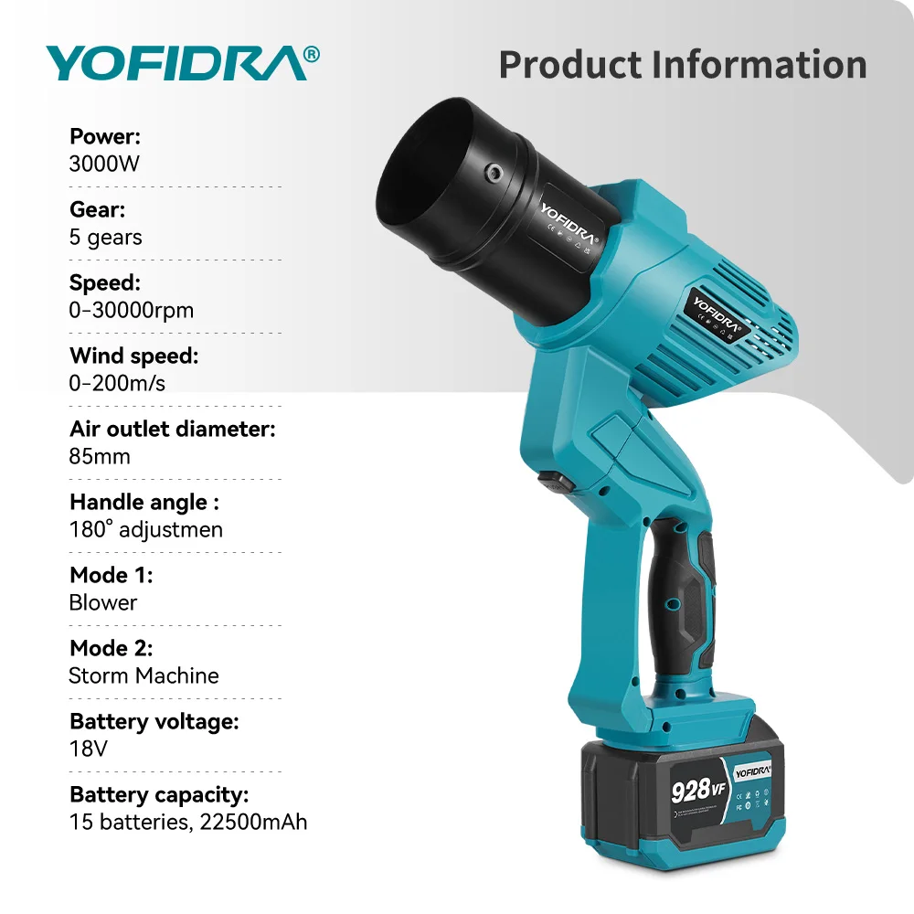 YOFIDRA 30000RPM Electric Turbo Blower Fan 4 Gear 2 IN 1 Cordless Leaf Dust Snow Blowing Power Tool For Makita 18V Battery Pins
